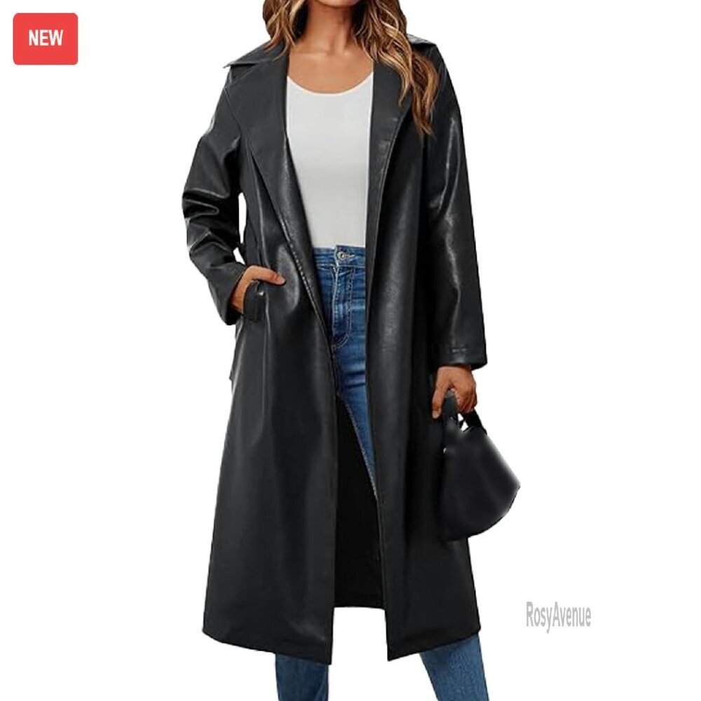 Faux Leather Trench Coat Notched Lapel Open Front Belted Maxi Jacket
